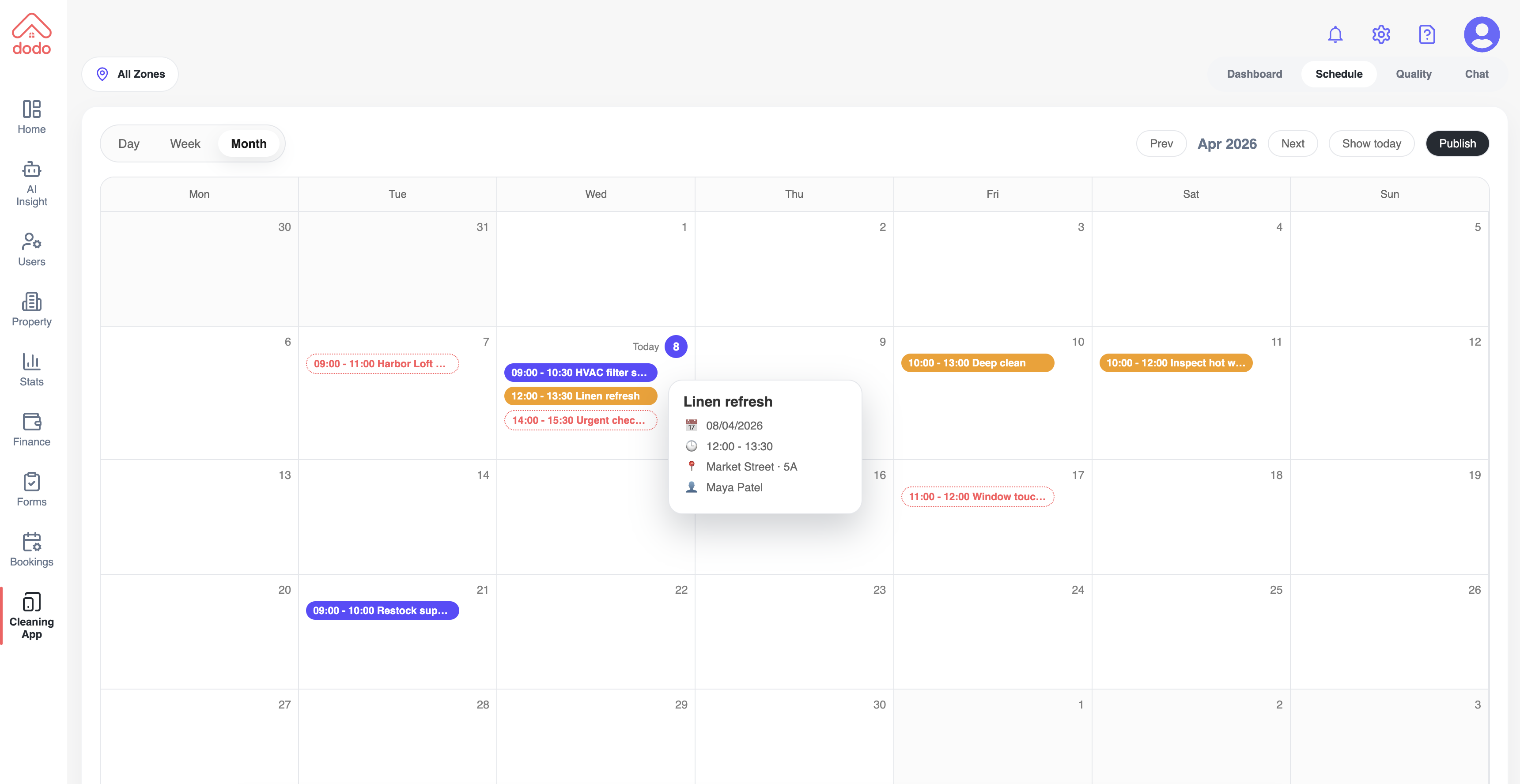 Cleaning app dashboard