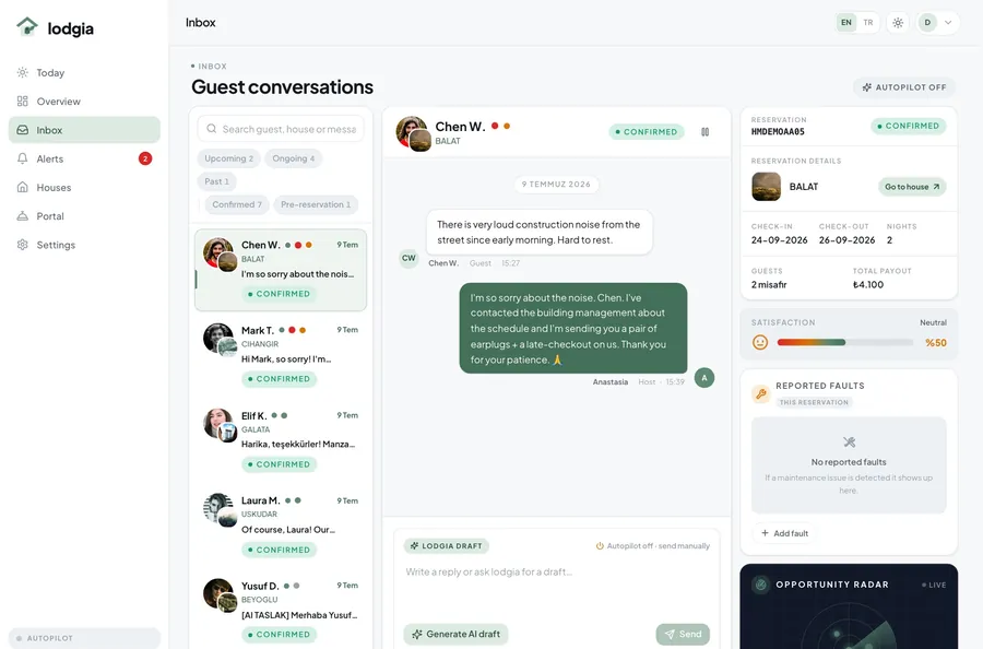 lodgia drafts replies to guests using the reservation, the property and the conversation history. A team member can review a draft before it is sent.